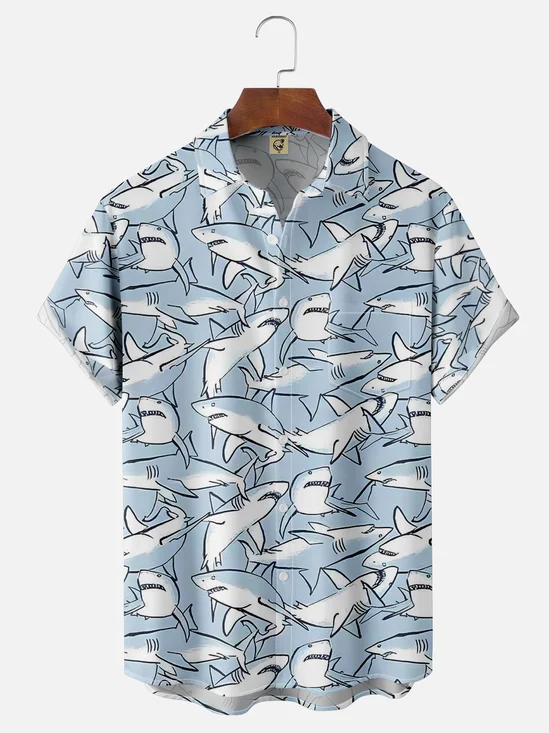 Moisture-wicking Sea Life Shark Chest Pocket Hawaiian Shirt