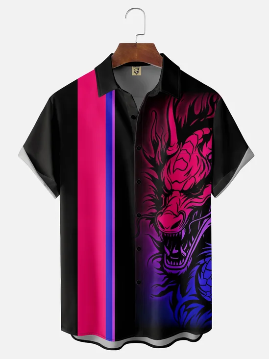Moisture-wicking Gradient Color Abstract Dragon Chest Pocket Bowling Shirt