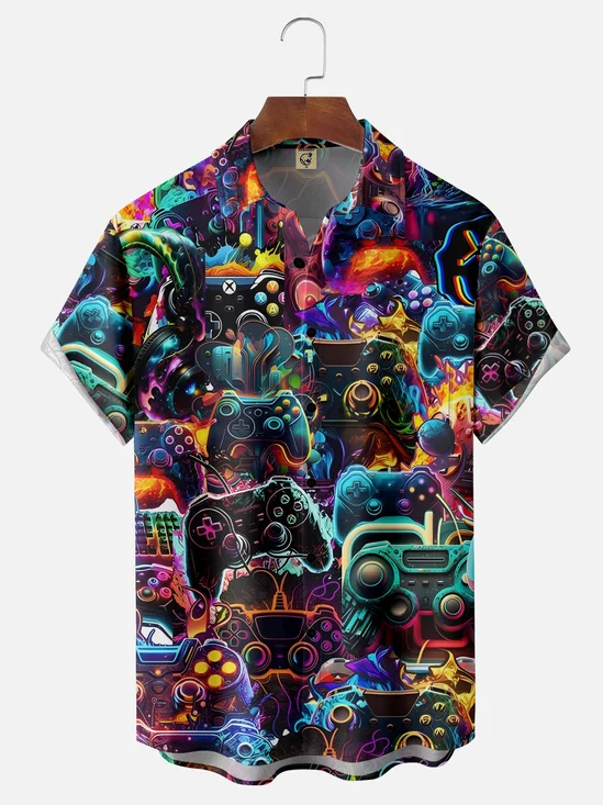 Moisture-wicking Gradient Color Abstract Game Console Chest Pocket Hawaiian Shirt