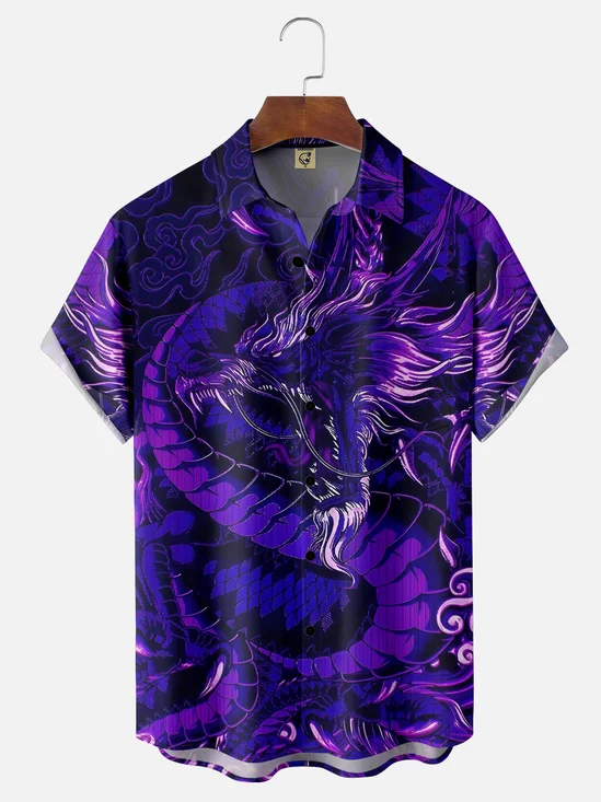 Moisture-wicking Gradient Color Abstract Dragon Chest Pocket Hawaiian Shirt