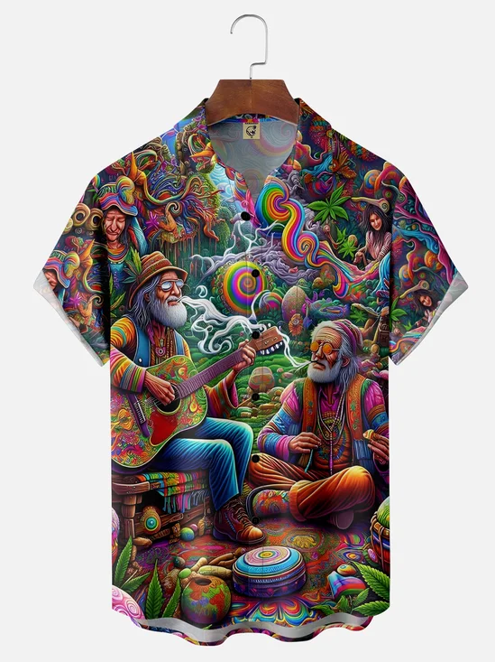 Moisture-wicking Colorful Hippie Character Chest Pocket Hawaiian Shirt