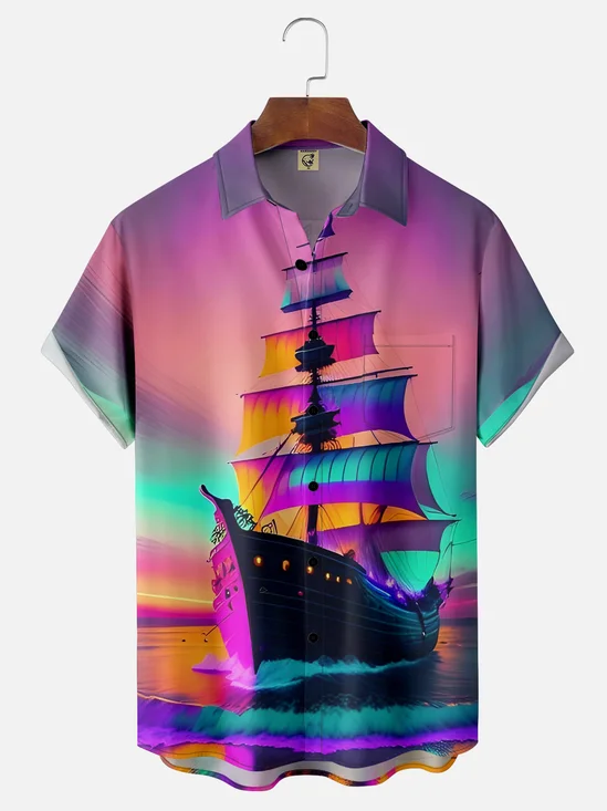 Moisture-wicking Gradient Color Sail Boat Chest Pocket Hawaiian Shirt