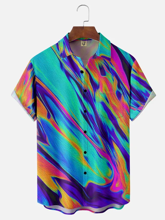 Moisture-wicking Gradient Color Abstract Stripe Chest Pocket Hawaiian Shirt