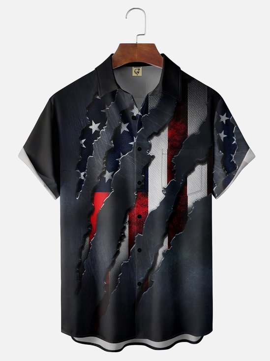 Moisture-wicking Independence Day American Flag Chest Pocket Patriotic Shirt