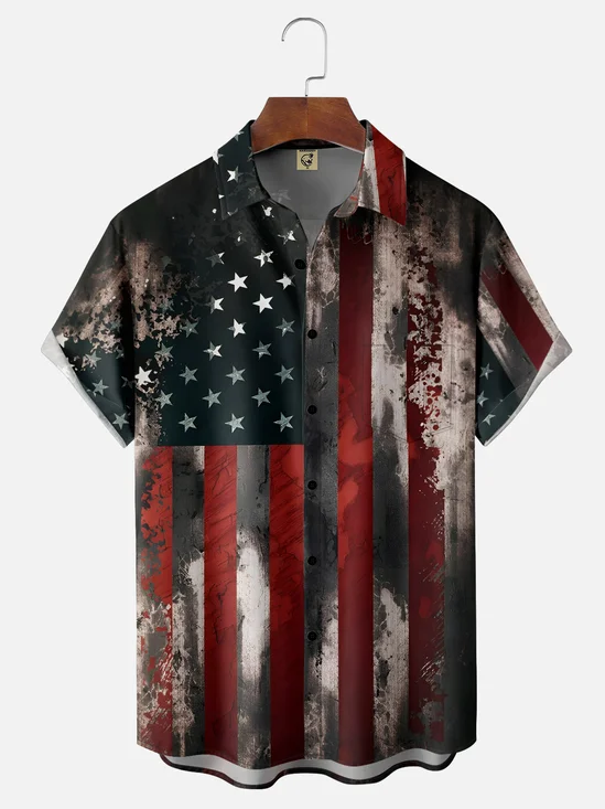 Breathable Independence Day National American Flag Chest Pocket Patriotic Shirt