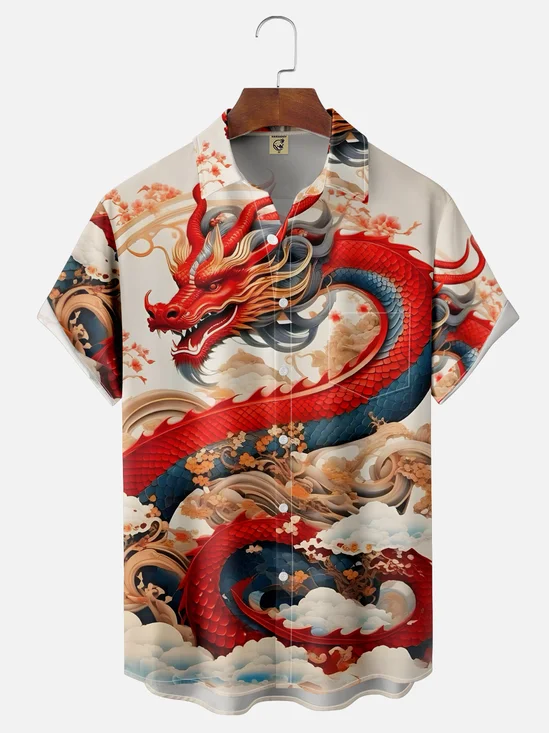 Moisture-wicking Breathable Dragon Chest Pocket Hawaiian Shirt