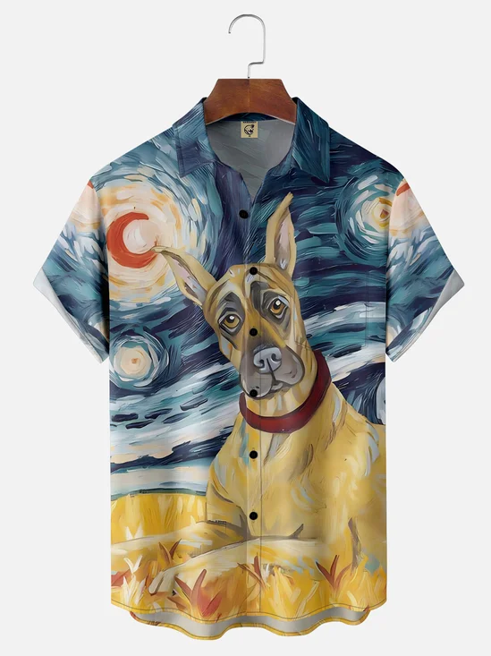Moisture-wicking Art Oil Painting Dog Chest Pocket Hawaiian Shirt