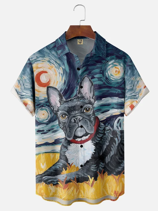 Moisture-wicking Art Oil Painting Dog Chest Pocket Hawaiian Shirt