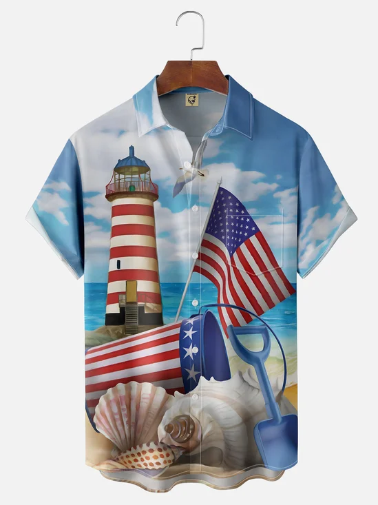 Moisture-wicking American Flag Chest Pocket Hawaiian Shirt