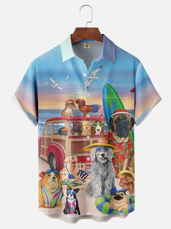 Moisture-wicking Beach Dog Chest Pocket Hawaiian Shirt