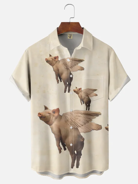 Moisture-wicking Flying Pig Chest Pocket Hawaiian Shirt