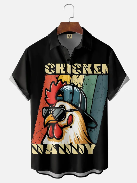 Moisture-wicking Fun Text Chicken Chest Pocket Hawaiian Shirt
