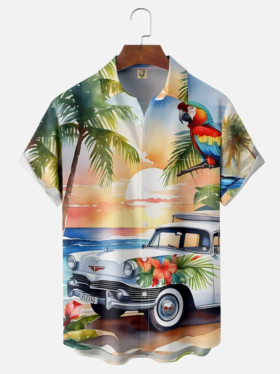 Moisture-wicking Coconut Tree Parrot Chest Pocket Hawaiian Shirt