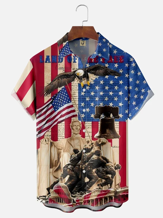 Moisture-wicking American Flag Painting Chest Pocket Hawaiian Shirt