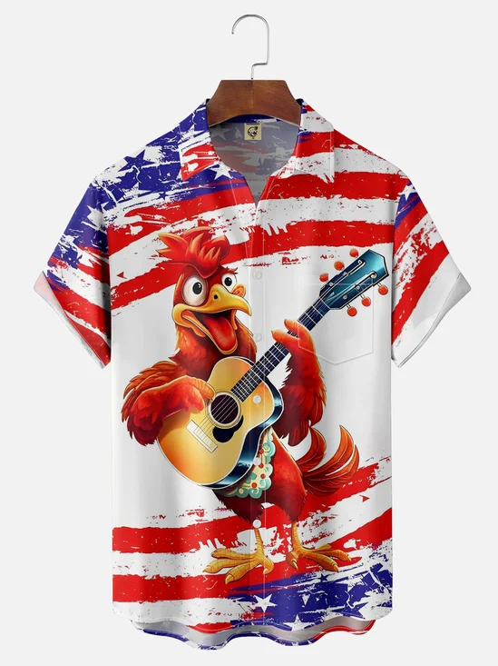 Moisture-wicking American Flag Rooster Chest Pocket Hawaiian Shirt