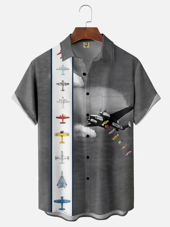 Moisture-wicking Candy Airplane Chest Pocket Bowling Shirt