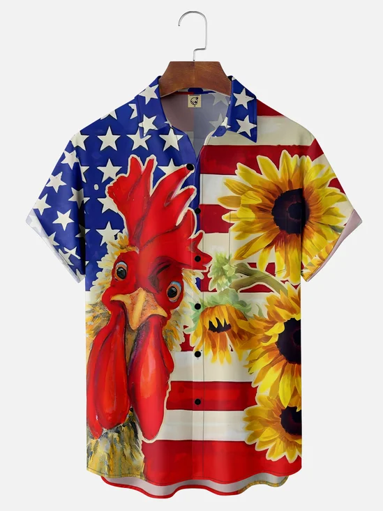 Moisture-wicking American Flag Rooster Chest Pocket Hawaiian Shirt
