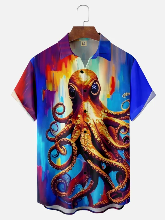 Moisture-wicking Gradient Color Octopus Chest Pocket Hawaiian Shirt