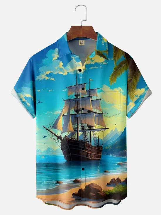 Moisture-wicking Beach Sunset Sailboat Chest Pocket Hawaiian Shirt