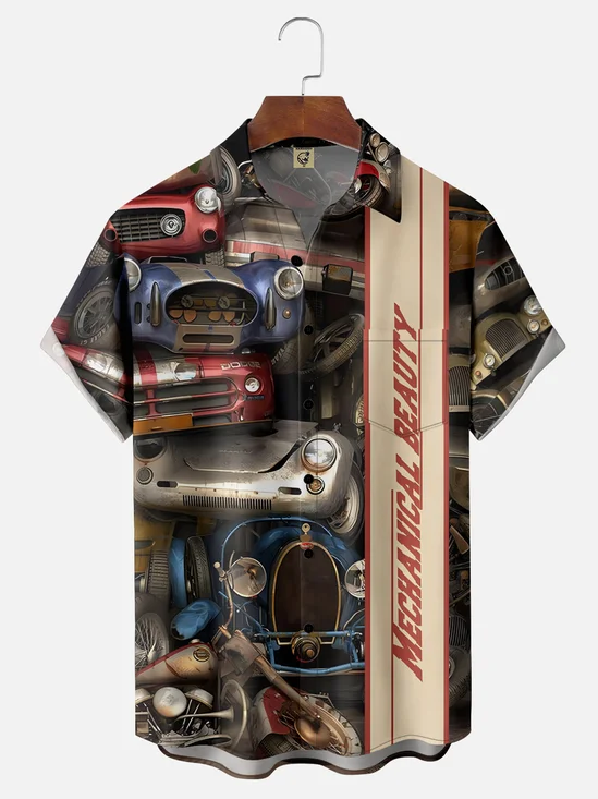 Moisture-wicking Car Painting Chest Pocket Bowling Shirt
