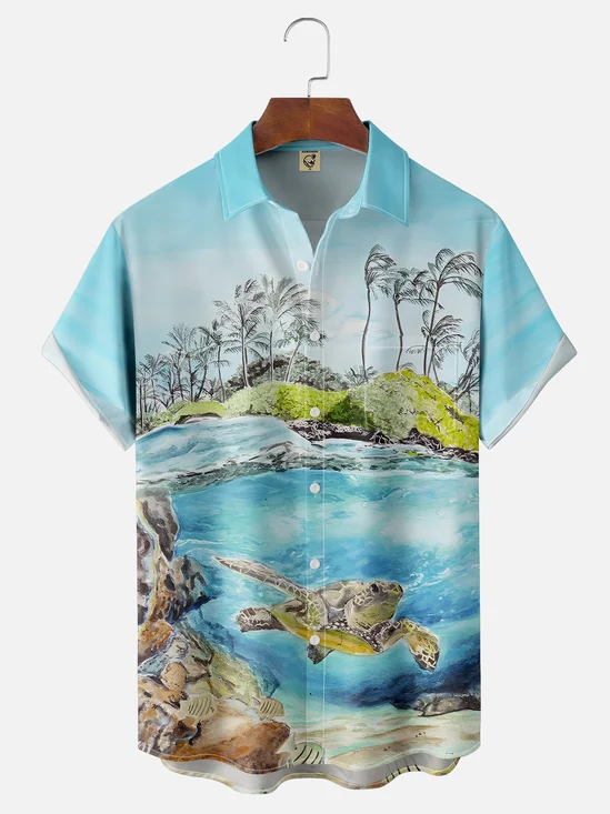 Moisture-wicking Beach Turtle Chest Pocket Hawaiian Shirt