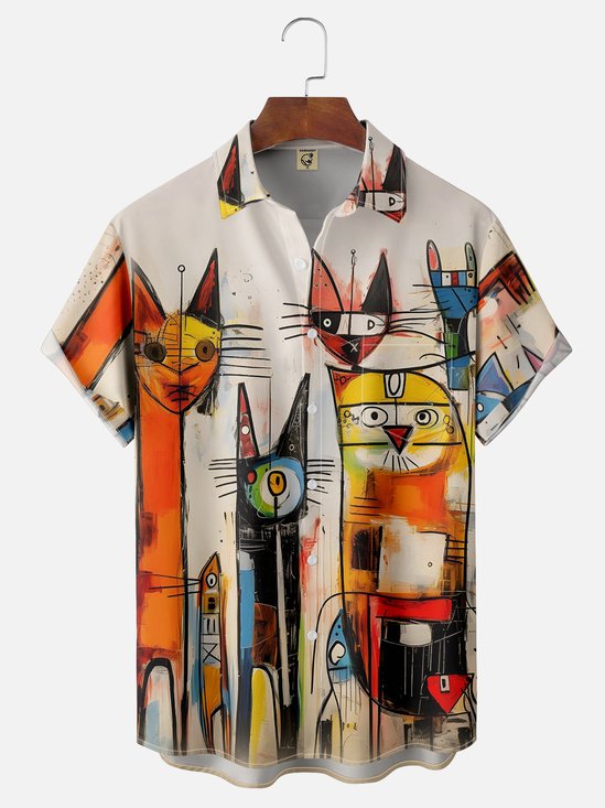 Moisture-wicking Art Cat Chest Pocket Hawaiian Shirt