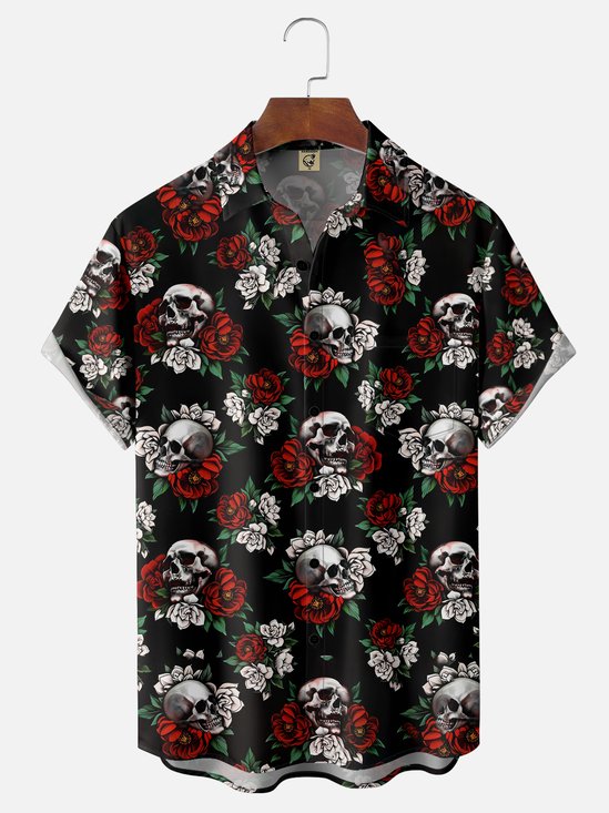 Moisture-wicking Rock Skull Rose Chest Pocket Hawaiian Shirt