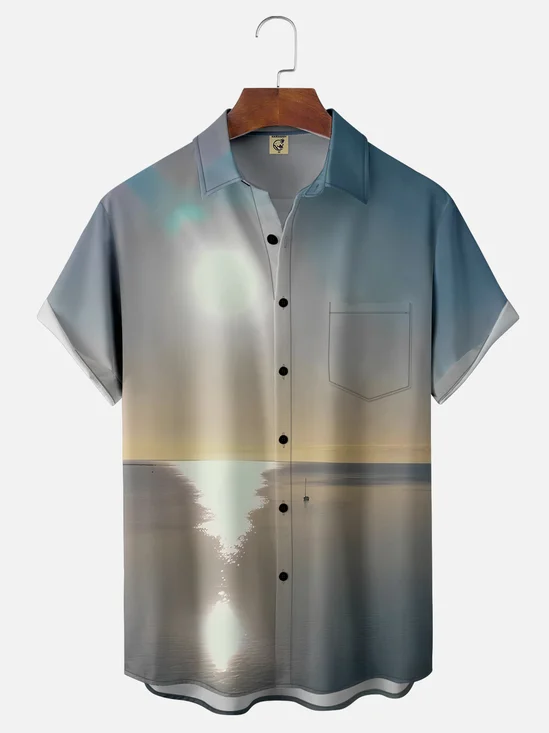Moisture-wicking Beach Sunset Chest Pocket Hawaiian Shirt