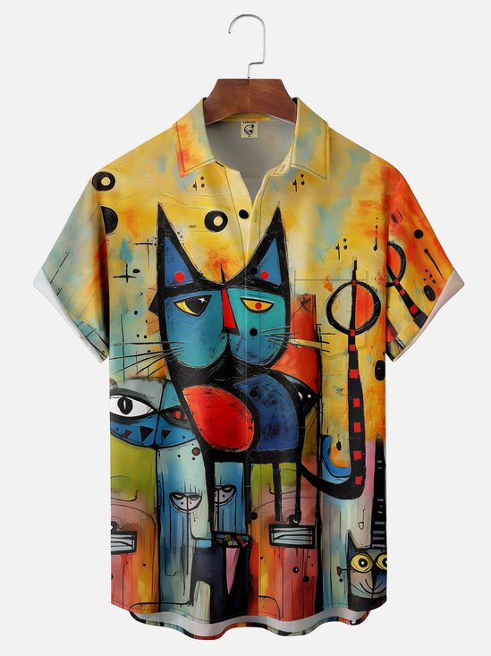 Moisture-wicking Abstract Art Cat Chest Pocket Hawaiian Shirt
