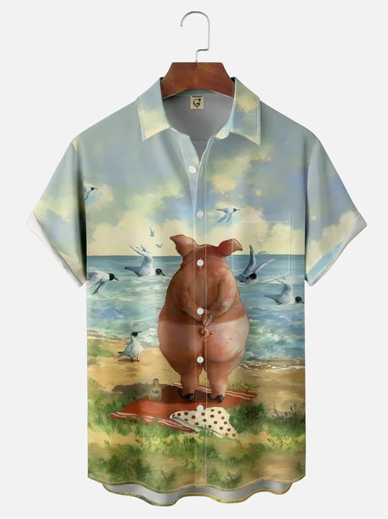 Moisture-wicking Spoof Beach Pig Chest Pocket Hawaiian Shirt