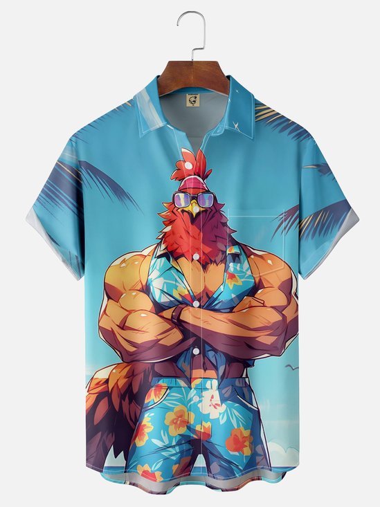 Moisture-wicking Beach Vacation Muscle Chicken Chest Pocket Hawaiian Shirt