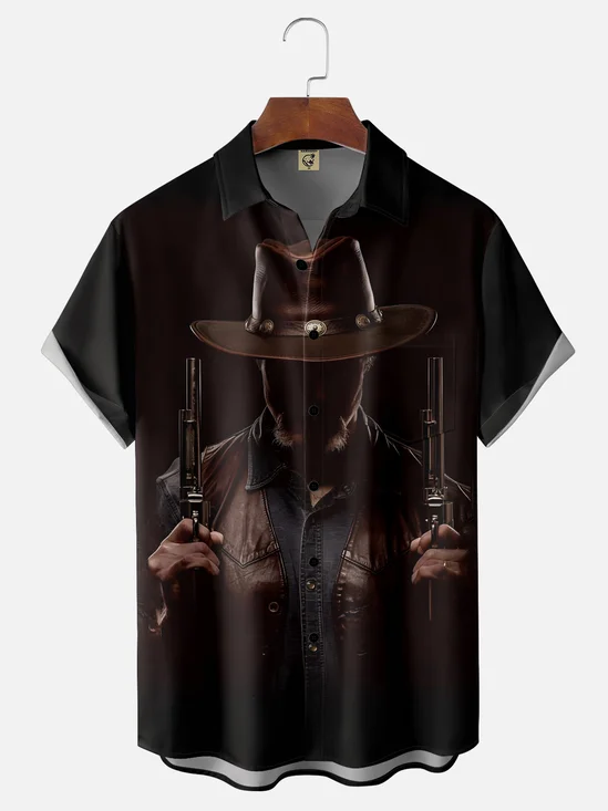 Moisture-wicking Western Cowboy Portrait Chest Pocket Hawaiian Shirt