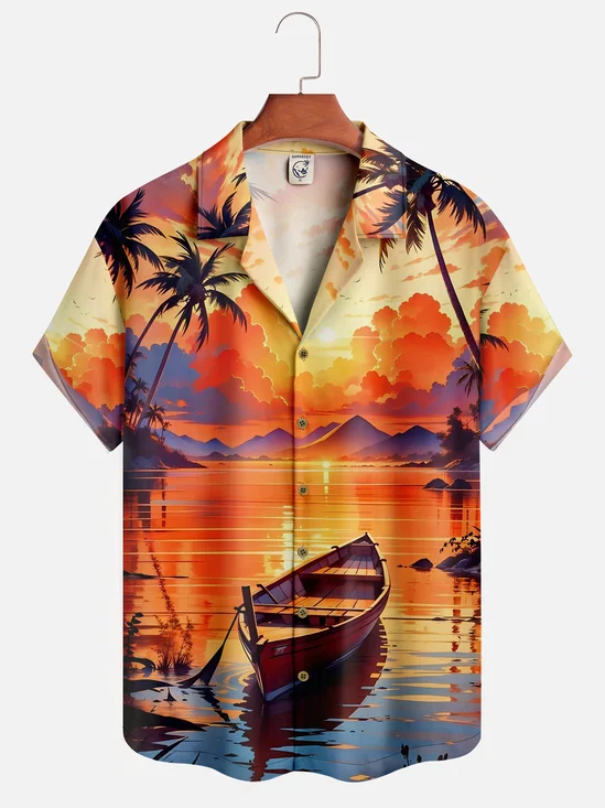Moisture Wicking Beach Sailboat Coconut Tree Short Sleeve Aloha Shirt