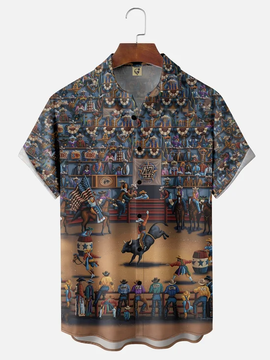 Moisture-wicking Western Denim Painted Chest Pocket Hawaiian Shirt