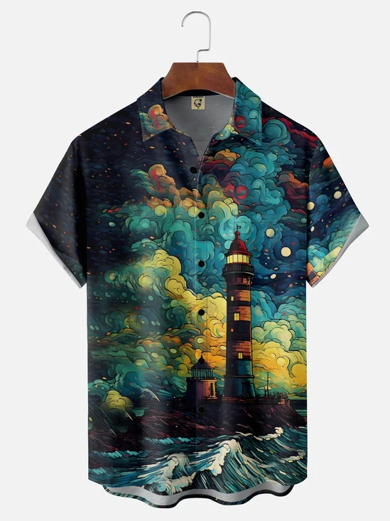 Moisture-wicking Van Gogh Seascape Chest Pocket Hawaiian Shirt