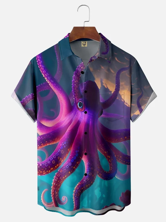 Moisture-wicking Gradient Color Octopus Chest Pocket Hawaiian Shirt