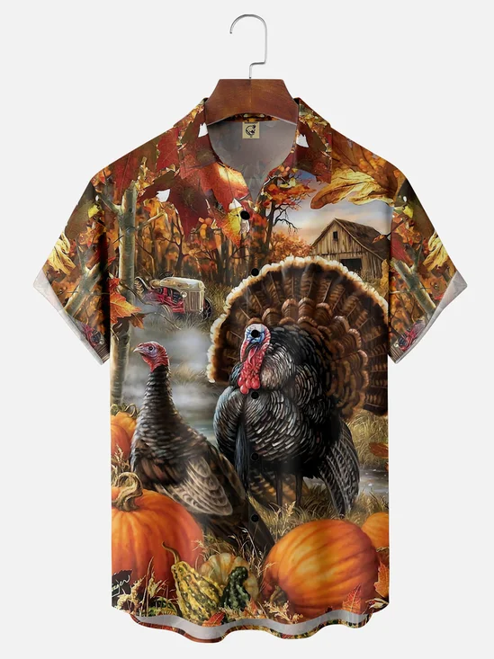 Hardaddy Men's Thanksgiving Turkey Print Casual Short Sleeve Hawaiian Shirt with Breast Pocket