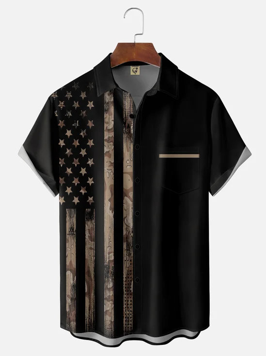 Hardaddy Mens American Flag Print Lapel Loose Short Sleeve Trendy Hawaiian Shirt