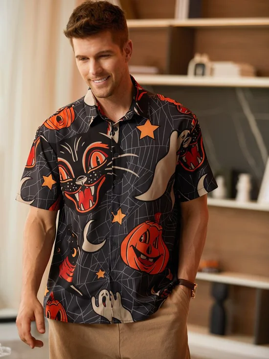 Men's Halloween Pumpkin Cat Print Casual Breathable Short Sleeve Shirt