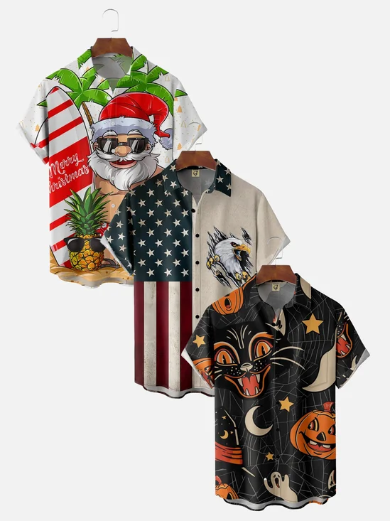 3-Pack Moisture-wicking Christmas Halloween National Patriotic Hawaiian Shirt