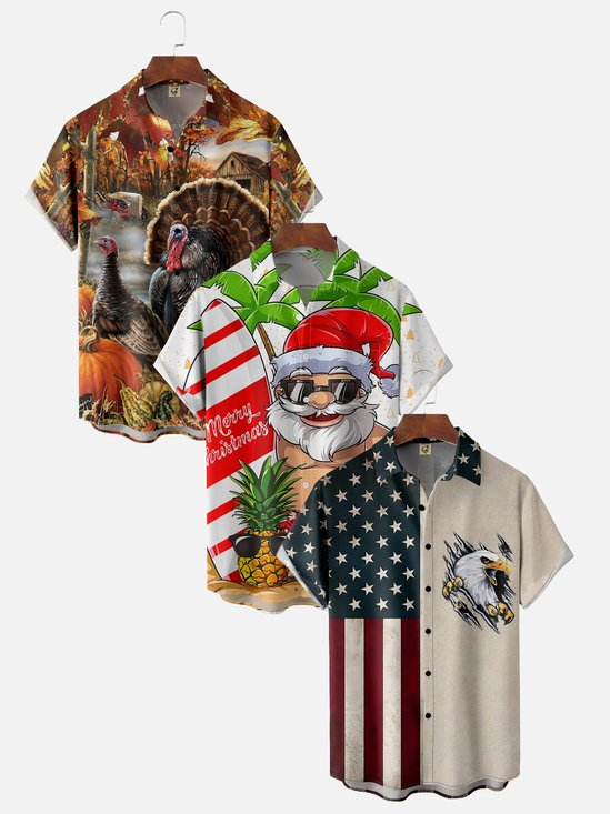 3-Pack Moisture-wicking Christmas Thanksgiving National Patriotic Hawaiian Shirt
