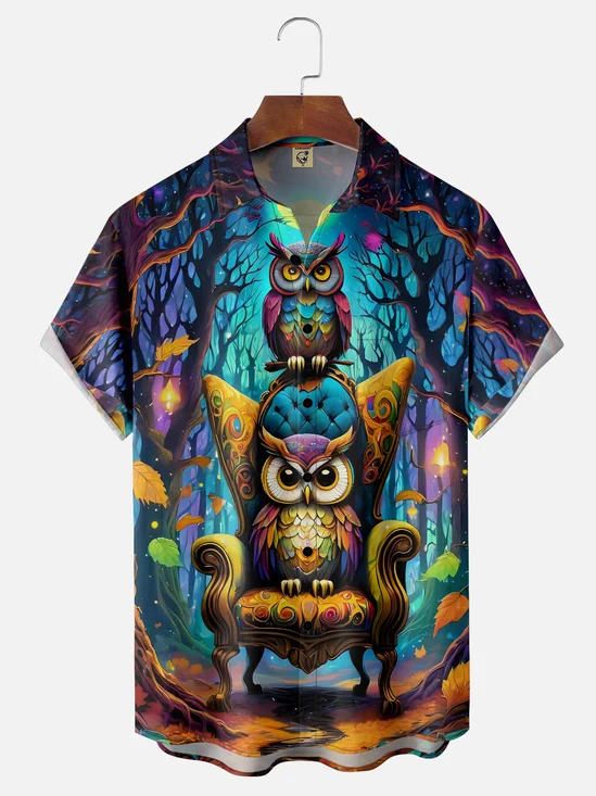 Moisture-wicking Art Painting Owl Chest Pocket Hawaiian Shirt