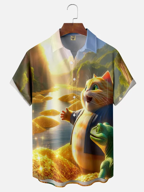 Moisture-wicking Gold Treasure Cat Hawaiian Shirt
