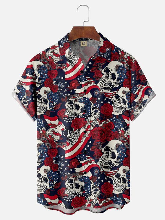 Moisture-wicking American Flag Skull Chest Pocket Hawaiian Shirt