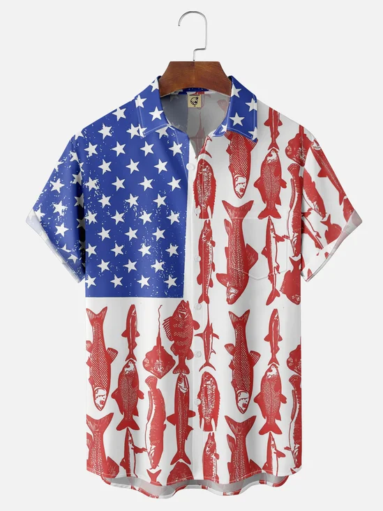 Moisture-wicking American Flag Chest Pocket Hawaiian Shirt