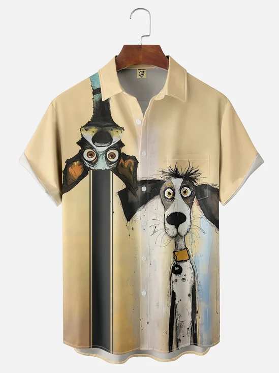 Moisture-wicking Dog Illustration Chest Pocket Bowling Shirt