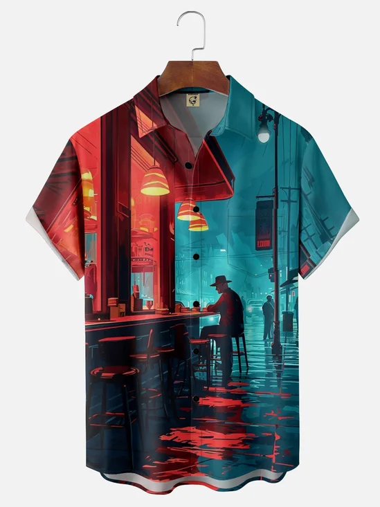 Moisture-wicking Street Art Illustration Chest Pocket Hawaiian Shirt