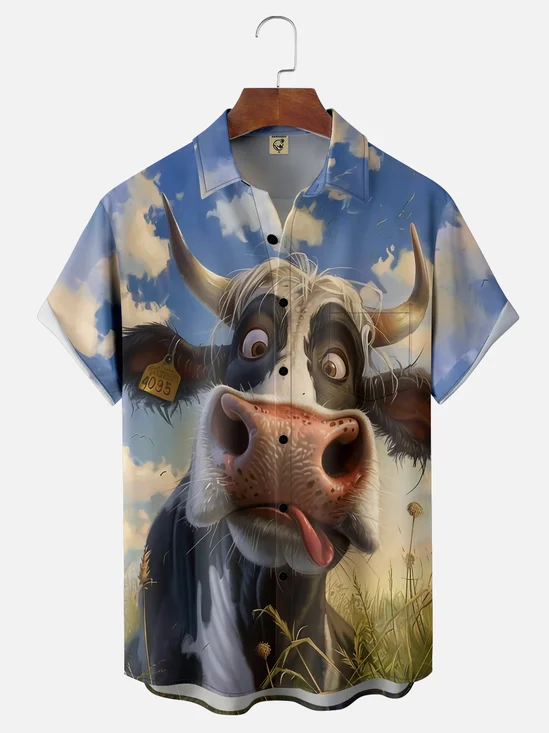 Moisture-wicking Cow Chest Pocket Hawaiian Shirt