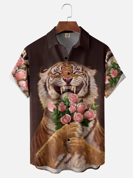 Moisture-wicking Tiger Paint Chest Pocket Hawaiian Shirt