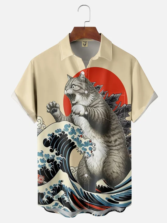 Moisture-wicking Ukiyo-e Monster Cat Hawaiian Shirt
